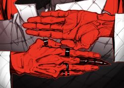 Rule 34 | claws, close-up, colored skin, hand focus, highres, jacket, jewelry, karemiya knife, long sleeves, multiple rings, open hands, original, own hands together, red skin, ring, tagme, white jacket