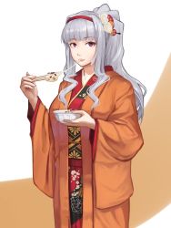 Rule 34 | 1girl, bowl, chopsticks, eating, floral print, flower, hair flower, hair ornament, hairband, highres, holding, idolmaster, idolmaster (classic), japanese clothes, kimono, long hair, long sleeves, looking at viewer, mikado (winters), parted lips, ponytail, red eyes, shijou takane, shiruko (food), silver hair, solo, wide sleeves