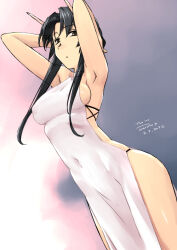 Rule 34 | 1girl, armpits, arms behind head, artist name, bare hips, black hair, breasts, brown eyes, clothing cutout, covered erect nipples, covered navel, dated, dress, dutch angle, gradient background, kashiwagi chizuru, kizuato, looking at viewer, medium breasts, parted bangs, parted lips, robot ears, setsubun, side cutout, sideboob, sidelocks, solo, tsuina, turtleneck, turtleneck dress, white dress