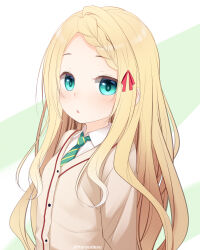 Rule 34 | 1girl, aqua eyes, ayakashi triangle, blonde hair, braid, braided bangs, brown cardigan, cardigan, collared shirt, commentary request, diagonal-striped clothes, diagonal-striped necktie, forehead, green background, green necktie, hair ribbon, haryuu (poetto), highres, long hair, looking at viewer, necktie, parted bangs, parted lips, red ribbon, ribbon, school uniform, shirt, solo, striped clothes, swept bangs, tsukioka lucy, twitter username, two-tone background, very long hair, white background, white shirt