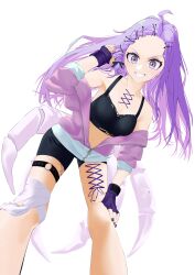 Rule 34 | 1girl, absurdres, alternate costume, amiya aranha, arthropod limbs, bandaged leg, bandages, bike shorts, black shorts, black sports bra, braid, breasts, commentary, commission, english commentary, extra legs, fingerless gloves, forehead, gloves, hand on own knee, highres, indie virtual youtuber, long hair, medium breasts, midriff, navel, o-ring, o-ring thigh strap, off shoulder, official alternate hairstyle, ponpoko megane, purple eyes, purple gloves, purple nails, purple ribbon, purple sweater, ribbon, safety pin, second-party source, shorts, skeb commission, smile, solo, sports bra, sweater, thigh strap, v-shaped eyebrows, very long hair, virtual youtuber