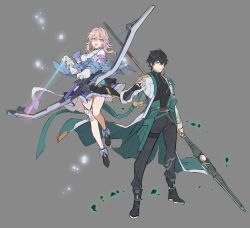 Rule 34 | 1boy, 1girl, arrow (projectile), black footwear, black hair, black pants, black shirt, black skirt, blue jacket, boots, bow (weapon), closed mouth, coat, compound bow, dan heng (honkai: star rail), grey background, highres, holding, holding arrow, holding bow (weapon), holding polearm, holding weapon, honkai: star rail, honkai (series), jacket, long sleeves, looking at viewer, march 7th (honkai: star rail), open mouth, pants, papajay (jennygin2), pink eyes, pink hair, polearm, shirt, short hair with long locks, simple background, skirt, smile, spear, weapon, white coat