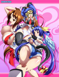 Rule 34 | 3girls, arc system works, areola slip, ass, blazblue, blonde hair, blue hair, breasts, brown hair, cameltoe, cleavage, cover, cover page, crossover, dizzy (guilty gear), green eyes, guilty gear, large breasts, long hair, looking at viewer, looking back, multiple girls, no bra, noel vermillion, panties, pantyshot, queen&#039;s blade, queen&#039;s gate, raven (artist), red eyes, shiranui mai, shorts, snk, tail, the king of fighters, thighhighs, underboob, underwear, uniform, upshorts, very long hair