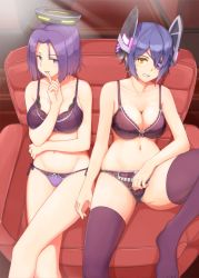 Rule 34 | 10s, 2girls, bow, bow bra, bow panties, bra, breasts, chair, cleavage, collarbone, eyepatch, finger to mouth, grin, halo, headgear, kantai collection, lace, lace-trimmed bra, lace-trimmed panties, lace trim, large breasts, leg up, lingerie, looking at viewer, mechanical halo, multiple girls, navel, osterei, panties, purple bra, purple eyes, purple hair, purple panties, short hair, side-by-side, side-tie panties, sitting, smile, tatsuta (kancolle), tenryuu (kancolle), thighhighs, underwear, underwear only, yellow eyes