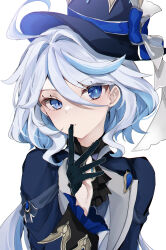Rule 34 | 1girl, absurdres, ahoge, ascot, black ascot, black gloves, blue eyes, blue hair, blue hat, blue jacket, brooch, finger to mouth, furina (genshin impact), genshin impact, gloves, hair between eyes, hat, highres, jacket, jewelry, light blue hair, long hair, looking at viewer, pof (peuplierpof), simple background, solo, top hat, white background