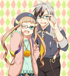Rule 34 | 1boy, 1girl, ;d, adjusting eyewear, aqua eyes, argyle, argyle background, argyle clothes, bad id, bad pixiv id, beret, bespectacled, black hair, black hat, brown hair, colored tips, elle mel marta, glasses, green shirt, happy, hat, jacket, jewelry, long hair, ludger will kresnik, multicolored hair, necklace, necktie, one eye closed, open mouth, shirt, smile, suspenders, tales of (series), tales of xillia, tales of xillia 2, twintails, two-tone hair, utakata masara, white hair, wink