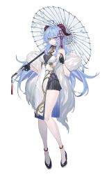 Rule 34 | 1girl, absurdres, ahoge, blue hair, breasts, commentary request, echj, full body, ganyu (genshin impact), genshin impact, gloves, hair between eyes, highres, holding, holding umbrella, horns, long hair, looking at viewer, medium breasts, parted lips, simple background, skirt, solo, teeth, umbrella, white background