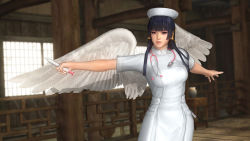 Rule 34 | 1girl, 3d, black hair, breasts, dead or alive, dead or alive 5, large breasts, long hair, nurse, nyotengu, official art, purple eyes, solo, tecmo, wings