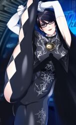 Rule 34 | 1girl, arms up, bayonetta, bayonetta (series), bayonetta 3, black hair, commission, earrings, elbow gloves, eyeshadow, glasses, gloves, highres, jewelry, lindaroze, lipstick, looking at viewer, makeup, mole, mole under mouth, one eye closed, short hair, smile, solo, split, standing, standing on one leg, standing split, white gloves