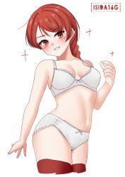 Rule 34 | 1girl, artist logo, artist name, bra, braid, breasts, cowboy shot, highres, ishida arata, kantai collection, long hair, medium breasts, nevada (kancolle), panties, parted lips, red eyes, red hair, red thighhighs, simple background, single braid, smile, solo, thighhighs, underwear, underwear only, white background, white bra, white panties