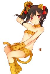 Rule 34 | 10s, 1girl, :t, animal ears, animal hands, animal print, bandeau, bare shoulders, black hair, blush, bow, cat ears, cat paws, cat tail, flat chest, fur collar, gmanee, hair bow, highres, leopard print, looking at viewer, love live!, love live! school idol project, pout, red eyes, short hair, solo, tail, twintails, wavy mouth, white background, yazawa nico