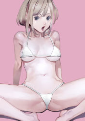 Rule 34 | 1girl, arm support, arms behind back, barefoot, bikini, black eyes, breasts, breasts apart, brown hair, halterneck, highres, inamitsu shinji, leaning back, lips, looking at viewer, medium breasts, micro bikini, navel, open mouth, original, paid reward available, pink background, short hair, sidelocks, simple background, sitting, solo, spread legs, stomach, string bikini, swimsuit, tareme, teeth