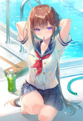 Rule 34 | 1girl, arms behind head, arms up, bare legs, barefoot, blue skirt, bottle, breasts, brown hair, buttons, double-breasted, expressionless, hair tie in mouth, highres, long hair, looking at viewer, miniskirt, miwabe sakura, mouth hold, neckerchief, on one knee, original, pleated skirt, pool ladder, poolside, purple eyes, sailor collar, school uniform, serafuku, shirt, short sleeves, skirt, small breasts, solo, very long hair, wet, white shirt