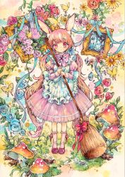 Rule 34 | 1girl, animal ears, apron, blue ribbon, bow, bowtie, broom, bug, butterfly, commentary request, crystal, dress, flower, fly agaric, footwear bow, frilled apron, frills, full body, grass, hair ribbon, highres, holding, holding broom, insect, juliet sleeves, long hair, long sleeves, looking at viewer, low twintails, mushroom, natuki1016, original, painting (medium), picture frame, pink dress, pink eyes, pink hair, pink socks, puffy sleeves, rabbit ears, ribbon, rose, shoes, socks, solo, standing, traditional media, twintails, very long hair, watercolor (medium)