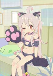 Rule 34 | 1girl, absurdres, ahoge, animal ear fluff, animal ears, animal hands, arm up, black bra, black gloves, black panties, bra, breasts, brown eyes, brown hair, cat cutout, cat ears, cat lingerie, cat tail, choker, cleavage cutout, clothing cutout, fake animal ears, fake tail, genderswap, genderswap (mtf), gloves, highres, kosuda, long hair, meme attire, navel, one eye closed, onii-chan wa oshimai!, open mouth, oyama mahiro, panties, paw gloves, phone, sitting, small breasts, solo, strap slip, tail, thigh strap, thighs, twintails, underwear, underwear only