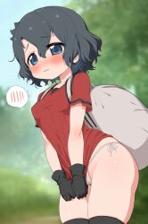 Rule 34 | 1girl, backpack, bag, black gloves, black hair, black thighhighs, blue eyes, blurry, blurry background, blush, breasts, commentary request, cowboy shot, dot nose, double-parted bangs, dutch angle, from below, furrowed brow, gloves, hair between eyes, highres, kaban (kemono friends), kemono friends, looking at viewer, no bra, no pants, outdoors, panties, parted lips, ransusan, red shirt, shirt, shirt tug, short hair, short sleeves, skindentation, small breasts, solo, spoken blush, string panties, sweatdrop, tearing up, thighhighs, underwear, wavy hair, white panties