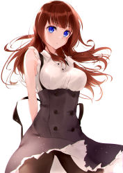 Rule 34 | 1girl, absurdres, assault lily, bad id, bad pixiv id, bare shoulders, black pantyhose, blue eyes, blush, breasts, brown hair, dress, frilled dress, frills, highres, kaede johan nouvel, large breasts, long hair, looking at viewer, meen (ouaughikepdvrsf), open mouth, pantyhose, school uniform, simple background, solo, white background, yurigaoka girls academy school uniform