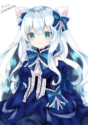 Rule 34 | 1girl, animal ear fluff, animal ears, bad id, bad pixiv id, blue bow, blue dress, blue eyes, blue hair, blush, bow, breasts, cat ears, center frills, closed mouth, copyright request, dated, dress, frilled bow, frilled dress, frills, hair bow, juliet sleeves, long hair, long sleeves, medium breasts, nanase nao, puffy sleeves, simple background, smile, solo, twitter username, very long hair, white background