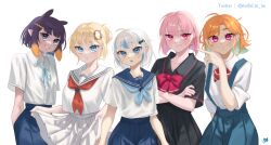 Rule 34 | 5girls, absurdres, ahoge, alternate costume, arms at sides, arms behind back, black nails, black sailor collar, black serafuku, black shirt, black skirt, black thighhighs, blonde hair, blue eyes, blue hair, blue neckerchief, blue sailor collar, blue skirt, blunt bangs, blush, bob cut, bow, bowtie, choppy bangs, closed mouth, clothes lift, collared shirt, colored inner hair, commentary, crossed arms, earrings, english commentary, eyelashes, fang, fish bone hair ornament, gawr gura, gradient hair, green hair, grey eyes, grey hair, grin, hair bun, hair ornament, hairclip, head tilt, highres, hololive, hololive english, holomyth, jewelry, knifecat, lifting own clothes, long sleeves, looking at viewer, miniskirt, mixed-language commentary, mori calliope, multicolored hair, multiple girls, nail polish, neckerchief, ninomae ina&#039;nis, official alternate hair length, official alternate hairstyle, orange hair, parted lips, pink eyes, pink nails, pleated skirt, pointy ears, purple eyes, purple hair, red bow, red bowtie, red neckerchief, sailor collar, school uniform, serafuku, shirt, short hair, short sleeves, simple background, single hair bun, skirt, skirt lift, sleeves rolled up, smile, straight hair, streaked hair, suspender skirt, suspenders, swept bangs, takanashi kiara, tentacle hair, thighhighs, twitter username, uniform, upper body, v, virtual youtuber, watson amelia, white background, white sailor collar, white serafuku, white shirt, white skirt