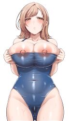 Rule 34 | 1girl, absurdres, bare arms, bare shoulders, blue one-piece swimsuit, blush, breasts, brown eyes, brown hair, cameltoe, cleavage, cleft of venus, closed mouth, clothes pull, collarbone, commentary request, covered navel, cowboy shot, female pubic hair, gluteal fold, groin, half-closed eyes, hands up, highleg, highleg swimsuit, highres, idolmaster, idolmaster shiny colors, large areolae, large breasts, looking at viewer, medium hair, nipples, one-piece swimsuit, one-piece swimsuit pull, pubic hair, pulled by self, raised eyebrows, sakuragi mano, school swimsuit, see-through, simple background, solo, standing, swept bangs, swimsuit, tokufumi, wet, wet clothes, wet swimsuit, white background