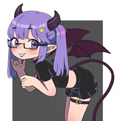 Rule 34 | 1girl, ass, bare legs, bent over, black background, black choker, black horns, black tail, black wings, blush, child, choker, cowboy shot, demon girl, demon horns, demon tail, demon wings, feet out of frame, female focus, freckles, from side, glasses, hair ornament, highres, horns, leaning forward, looking at viewer, matching hair/eyes, medium hair, original, pointy ears, purple eyes, purple hair, qtkat, rectangular eyewear, sidelocks, simple background, smile, solo, standing, tail, teeth, thigh strap, thighs, twintails, wings