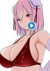 Rule 34 | 1girl, amisu, april fools, bandaged arm, bandages, bikini, breasts, cleavage, closed mouth, commentary, double bun, fake play button, hair bun, ibaraki kasen, large breasts, one-hour drawing challenge, pink eyes, pink hair, play button, red bikini, short hair, simple background, solo, swimsuit, touhou, upper body, white background