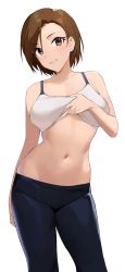 Rule 34 | 1girl, absurdres, arm behind back, bare shoulders, black pants, breasts, brown eyes, brown hair, closed mouth, collarbone, highres, idolmaster, idolmaster cinderella girls, large breasts, lifted by self, looking at viewer, mizuki seira, navel, onao, pants, short hair, simple background, solo, sports bra, white background, white sports bra, wide hips, yoga pants