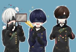 Rule 34 | 3boys, 4s (nier:automata), 9s (nier:automata), an2057427, bell, black blindfold, black choker, black gloves, black jacket, blindfold, blue background, blue jacket, brown hair, character request, choker, collar, commentary request, covering own mouth, fur collar, gloves, grey hair, highres, holding, jacket, male focus, multiple boys, neck bell, nier:automata, nier (series), open mouth, short hair, simple background, smile