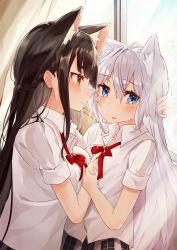 Rule 34 | 2girls, animal ear fluff, animal ears, black hair, black skirt, blue eyes, blush, bow, bowtie, braid, cat ears, collared shirt, commentary request, curtains, french braid, hand on another&#039;s chest, highres, holding another&#039;s wrist, long hair, looking at another, looking to the side, multiple girls, nuko miruku, open mouth, original, parted lips, plaid, plaid skirt, red eyes, red neckwear, shirt, short sleeves, silver hair, skirt, sweatdrop, very long hair, white shirt, window, yuri