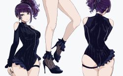Rule 34 | 1girl, ass, asymmetrical hair, back, bad id, bad twitter id, bare legs, black footwear, black leotard, black nails, blunt bangs, breasts, closed mouth, clothing cutout, commentary, cowboy shot, diagonal bangs, earrings, fishnets, from behind, high heels, idolmaster, idolmaster shiny colors, jewelry, leotard, lips, looking at viewer, medium breasts, medium hair, minyom, multiple views, nail polish, purple eyes, purple hair, ribbed leotard, shoulder cutout, side ponytail, simple background, skin tight, skindentation, standing, standing on one leg, symbol-only commentary, tanaka mamimi, thigh gap, thigh strap, thighs, white background