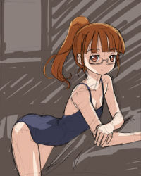 Rule 34 | 1girl, brown background, brown eyes, brown hair, glasses, long hair, looking at viewer, minami mirei, one-piece swimsuit, ponytail, pretty series, pripara, rohitsuka, school swimsuit, sketch, smile, solo, swimsuit