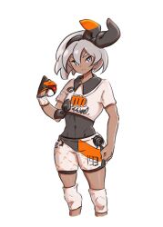 Rule 34 | 1girl, bea (pokemon), black bodysuit, black hairband, bodysuit, bodysuit under clothes, bow hairband, clenched hand, closed mouth, collared shirt, commentary request, creatures (company), dark-skinned female, dark skin, dynamax band, eyelashes, game freak, gloves, grey hair, hair between eyes, hairband, holding, holding poke ball, knee pads, nintendo, poke ball, poke ball (basic), pokemon, pokemon swsh, potori3939, print shirt, print shorts, shirt, short hair, short sleeves, shorts, side slit, side slit shorts, simple background, single glove, solo, split mouth, white background