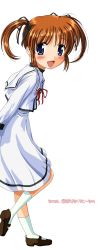 Rule 34 | 00s, 1girl, absurdres, arms behind back, blue eyes, brown hair, from side, highres, long image, looking at viewer, lyrical nanoha, mahou shoujo lyrical nanoha, purple eyes, red hair, school uniform, shiukichi, short hair, solo, standing, standing on one leg, takamachi nanoha, tall image, twintails