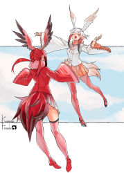 Rule 34 | 2girls, absolutemabbak, bird tail, black footwear, black hair, blunt bangs, blush, closed eyes, commentary, copyright name, english commentary, frilled sleeves, frills, full body, fur collar, gradient hair, head wings, highres, japanese crested ibis (kemono friends), japari symbol, kemono friends, long sleeves, mary janes, multicolored hair, multiple girls, music, open mouth, orange skirt, outstretched arms, pantyhose, pink legwear, pleated skirt, red footwear, red hair, red legwear, red shirt, scarlet ibis (kemono friends), shirt, shoes, sidelocks, simple background, singing, skirt, spread arms, tail, thighhighs, white background, white hair, white shirt, wide sleeves, wings
