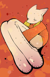 Rule 34 | 1girl, androgynous, closed eyes, creature, dowman sayman, fetal position, final fantasy, final fantasy tactics, full body, horns, long sleeves, mime, mime (fft), orange background, plantar flexion, simple background, solo, sweater
