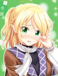 Rule 34 | 1girl, arm warmers, blonde hair, blush, crying, green background, green eyes, highres, looking at viewer, mizuhashi parsee, open mouth, pointy ears, ponytail, reimei (r758120518), scarf, shirt, short hair, short sleeves, simple background, solo, tears, touhou, upper body, vest