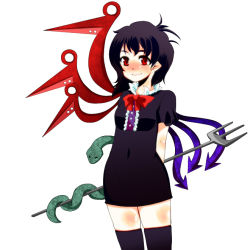 Rule 34 | 1girl, black hair, black thighhighs, female focus, houjuu nue, kuze, polearm, red eyes, short hair, simple background, snake, solo, spear, thighhighs, touhou, trident, weapon, white background, wings, zettai ryouiki