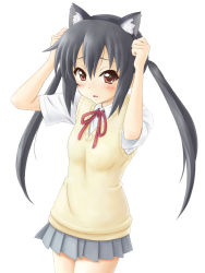 Rule 34 | 00s, 1girl, animal ears, black hair, brown eyes, cat ears, cat girl, female focus, highres, k-on!, long hair, nakano azusa, neck ribbon, red ribbon, ribbon, satogo, school uniform, simple background, solo, sweater vest, twintails, white background