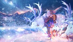 Rule 34 | 1boy, bell, blonde hair, blue eyes, collar, fir tree, from side, full body, fur-trimmed headwear, fur trim, gloves, lake, lantern, looking down, male focus, milky way, mountain, neck bell, night, night sky, original, oushimaru, outdoors, reindeer, scenery, short hair, sky, sleigh, smile, snow, snowing, solo, standing, star (sky), starry sky, traditional clothes, tree, white gloves, wide shot, winter