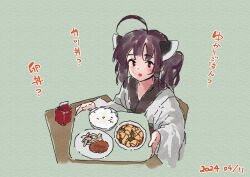 Rule 34 | 1girl, :o, ahoge, blush, bowl, brown eyes, brown hair, chair, commentary request, dated, food, food request, green background, headgear, holding, japanese clothes, kimono, lamb (hitsujiniku), long sleeves, looking at viewer, obi, on chair, parted lips, plate, rice, sash, sitting, solo, table, touhoku kiritan, translation request, twintails, voiceroid, white kimono, wide sleeves
