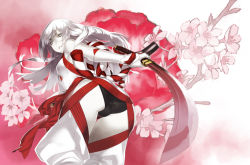 Rule 34 | 1girl, 92m, aiming, aiming at viewer, ass, black panties, breasts, cherry blossoms, colored skin, floral background, flower, foreshortening, from below, gloves, grey eyes, katana, kouhaku nawa, long hair, looking back, medium breasts, melancholic fire (92m), original, pale skin, panties, red theme, rope, shimenawa, silver hair, solo, sword, underwear, weapon, white gloves, white skin, white theme, yellow eyes