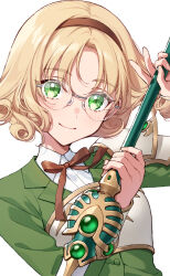 1girl armor armored_dress blonde_hair blush closed_mouth dress glasses green_eyes green_wrist_cuffs hairband holding holding_sword holding_weapon hououji_fuu looking_at_viewer magic_knight_rayearth masami_(souzou_jinsei_sanka) round_eyewear school_uniform short_hair smile sword upper_body weapon wrist_cuffs