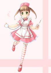 Rule 34 | 1girl, apron, brown hair, dress, garter straps, green eyes, hat, long hair, mary janes, nurse, original, pink dress, shibacha (shibacha 0728), shoes, solo, standing, standing on one leg, stethoscope, striped clothes, striped thighhighs, syringe, thighhighs, twintails