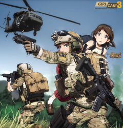 Rule 34 | 3girls, action, aircraft, ammunition, armor, assault rifle, bag, blonde hair, blue eyes, boots, brown eyes, brown hair, camouflage, carrying, carrying over shoulder, carrying person, glasses, glock, gloves, gun, h&amp;k hk416, handgun, headband, heckler &amp; koch, helicopter, helmet, highres, holding, holding gun, holding weapon, load bearing vest, looking at viewer, m4 carbine, magazine (weapon), military, military operator, military uniform, military vehicle, multiple girls, original, rifle, short hair, soldier, stuffed animal, stuffed toy, tanto (tc1995), teddy bear, uh-60 blackhawk, uniform, united states air force, watch, weapon, weapon on back, woodland camouflage, wristwatch