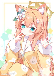 Rule 34 | 1girl, alternate costume, animal ear fluff, animal ears, blue archive, blue eyes, blush, breasts, cat ears, closed mouth, fingernails, flower, hair between eyes, hair flower, hair ornament, halo, long hair, long sleeves, looking at viewer, mari (blue archive), orange hair, pajamas, small breasts, solo, subin (subin 2011), twitter username, white flower, yellow halo, yellow pajamas