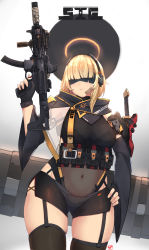 Rule 34 | 1girl, absurdres, assault rifle, bandaid, bandaid on cheek, bandaid on face, black sleeves, blonde hair, breasts, detached sleeves, gun, halo, hand on own hip, headphones, highres, holding, holding gun, holding weapon, holstered, knife, medium breasts, original, rifle, science fiction, skindentation, solo, syaha, thick thighs, thighhighs, thighs, weapon, wide hips, wide sleeves
