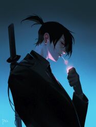Rule 34 | 1boy, bani-lizo, black gloves, black jacket, black necktie, black shirt, blue background, chainsaw man, cigarette, collared shirt, earrings, from side, gloves, glowing, gradient background, grey gloves, grey shirt, hand up, hayakawa aki, high ponytail, highres, holding, holding lighter, jacket, jewelry, katana, lighter, lighting cigarette, looking at viewer, male focus, mouth hold, necktie, ponytail, profile, shirt, sideways glance, signature, smoking, solo, stud earrings, sword, upper body, weapon, weapon on back