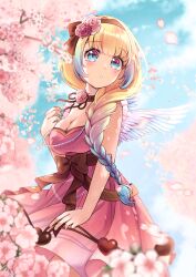 Rule 34 | 1girl, angel wings, bare arms, black choker, blonde hair, blue eyes, blue hair, blush, bow, braid, breasts, brown sash, cherry blossoms, choker, cleavage, commentary request, dress, embarrassed, falling petals, flower, flower choker, gradient hair, hair flower, hair ornament, hair over shoulder, highres, indie virtual youtuber, long hair, long sleeves, medium breasts, mia mikhail, mia mikhail (vtuber), multicolored hair, outdoors, petals, pink dress, pink flower, pink rose, puffy long sleeves, puffy sleeves, rose, short dress, side braid, sleeveless, sleeveless dress, solo, square neckline, surprised, virtual youtuber, waist bow, wings