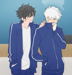 Rule 34 | 2boys, black hair, blue eyes, blue jacket, blue pants, blush, brown eyes, cheng xiaoshi, commentary, ear blush, hand in pocket, hand on another&#039;s neck, head steam, jacket, looking at another, lu guang, male focus, mr yheu, multiple boys, open clothes, open jacket, pants, shiguang dailiren, shirt, short hair, smile, standing, steam, track jacket, track pants, track suit, white hair, white shirt