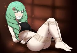 Rule 34 | 1girl, ass, bdsm, black bra, black panties, blush, bondage, bound, bra, breasts, brown background, brown rope, covered mouth, dankestofdans, eyeliner, feet, female focus, fire emblem, fire emblem: three houses, flayn (fire emblem), gag, gagged, green eyes, green hair, huge ass, improvised gag, intelligent systems, large breasts, long hair, lying, makeup, nintendo, panties, rope, shiny clothes, shiny skin, solo, tape, tape gag, thick thighs, thighs, underwear, underwear only, very long hair